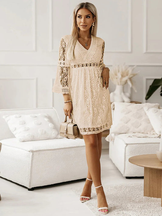 Lace V-Neck Three-Quarter Sleeve Dress Trendsi