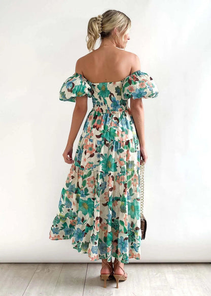 Floral Smocked Off Shoulders Puff Sleeve Tiered Dress Trendsi