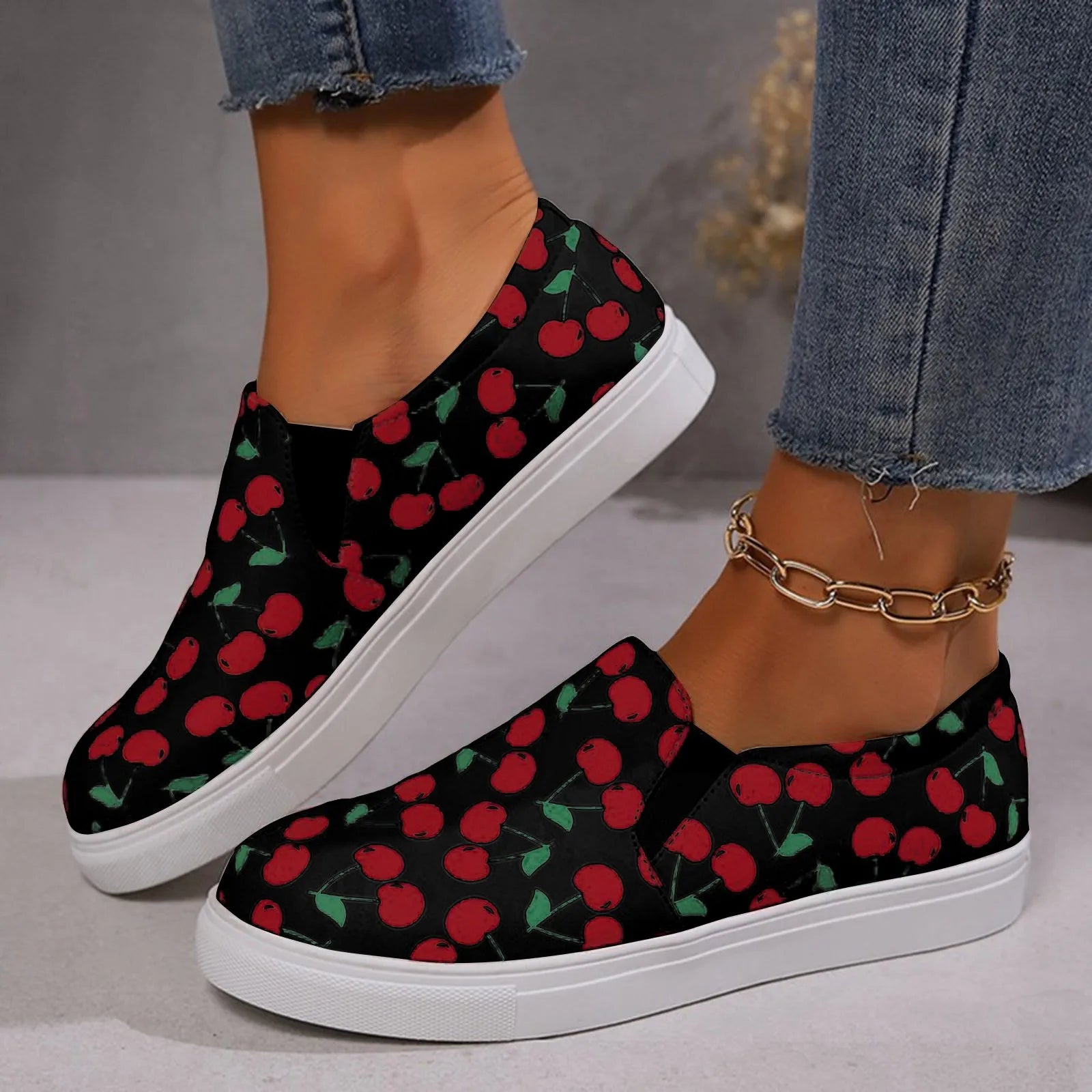 Cherry Print Women Casual Close Fitting Flat Shoes