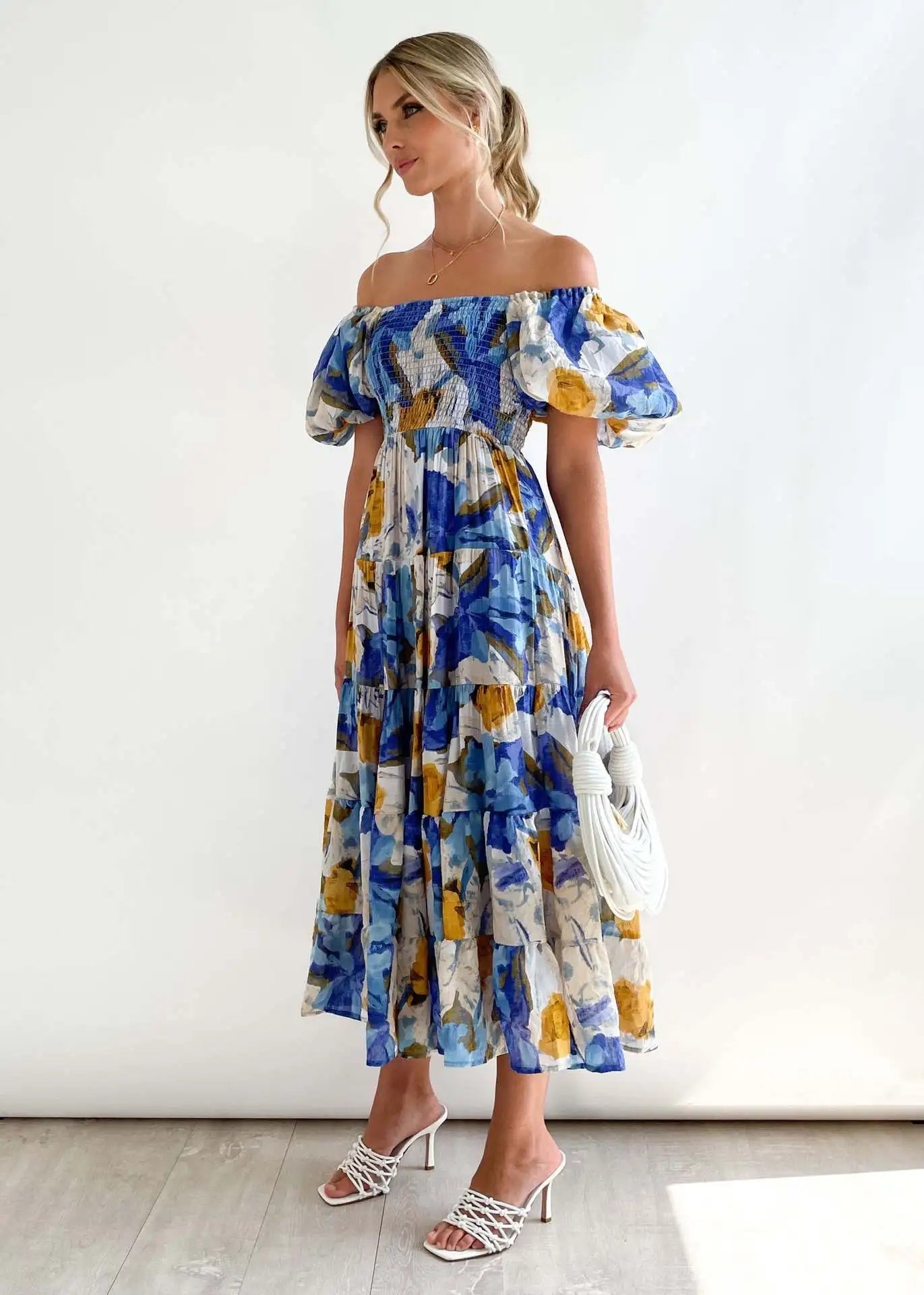 Floral Smocked Off Shoulders Puff Sleeve Tiered Dress Trendsi