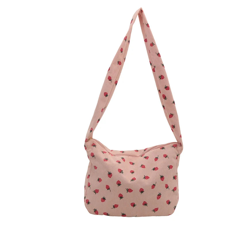 Strawberry Corduroy Tote Bag Hobo Purse