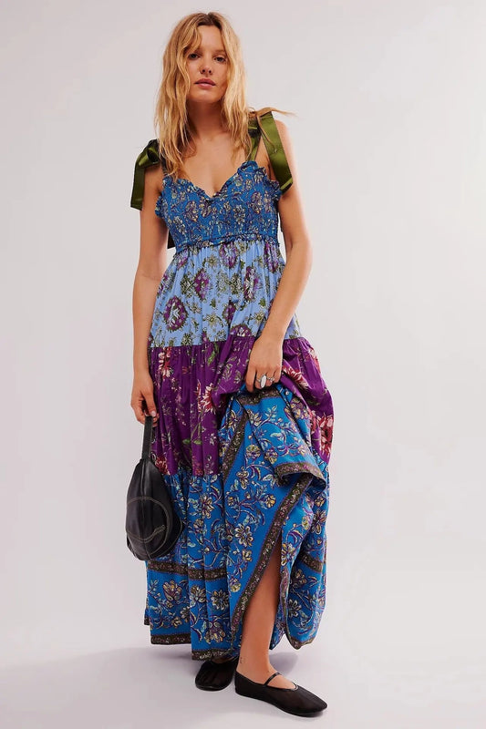 Floral Tiered Maxi Dress with Mixed Print Design Trendsi