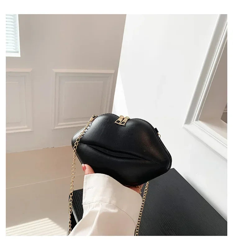 Lips Shaped Gold Chain Zipper Shoulder Clutch Crossbody Bag