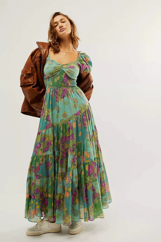 Printed Sweetheart Neck Puff Sleeve Maxi Dress Trendsi