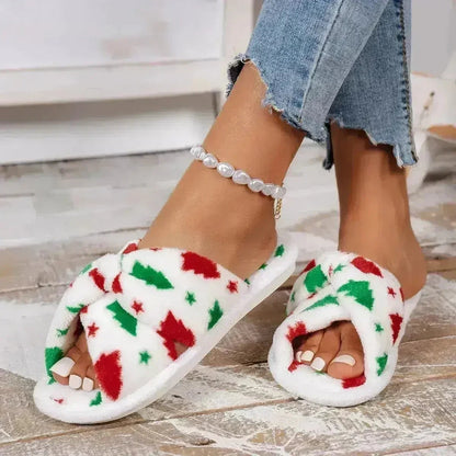 Christmas Tree Pattern Furry Bedroom Slippers  DAME BOHEME