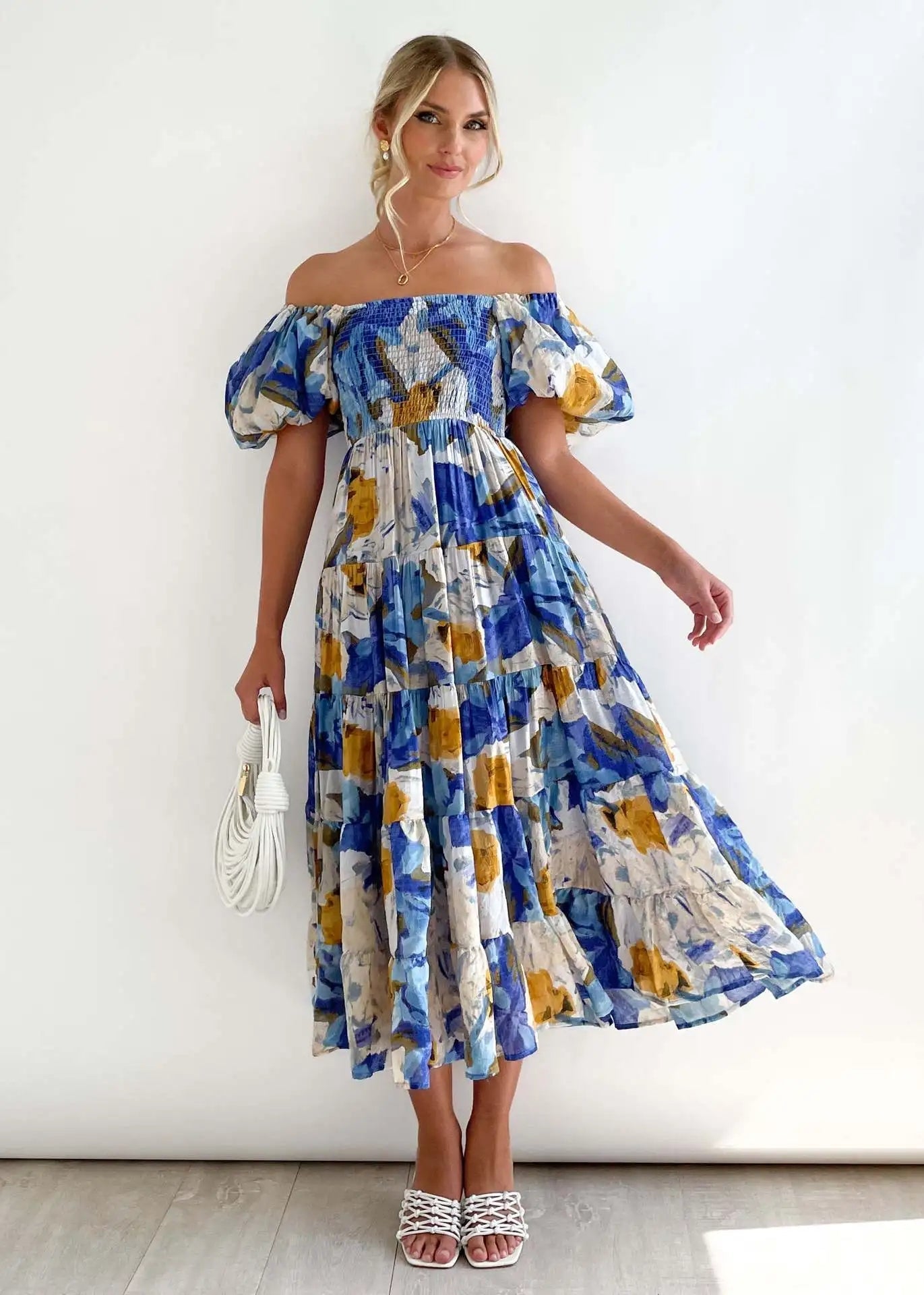 Floral Smocked Off Shoulders Puff Sleeve Tiered Dress Trendsi