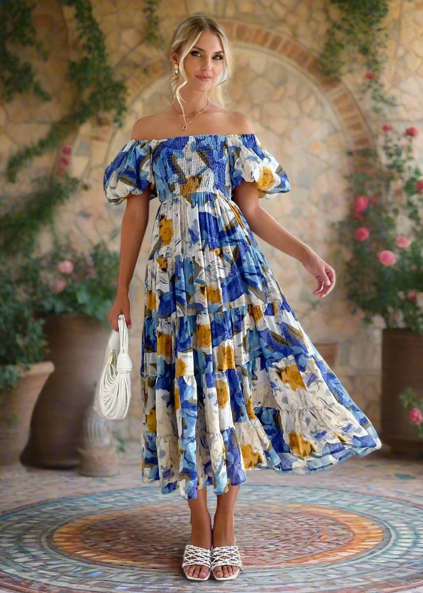 Floral Smocked Off Shoulders Puff Sleeve Tiered Dress  DAME BOHEME