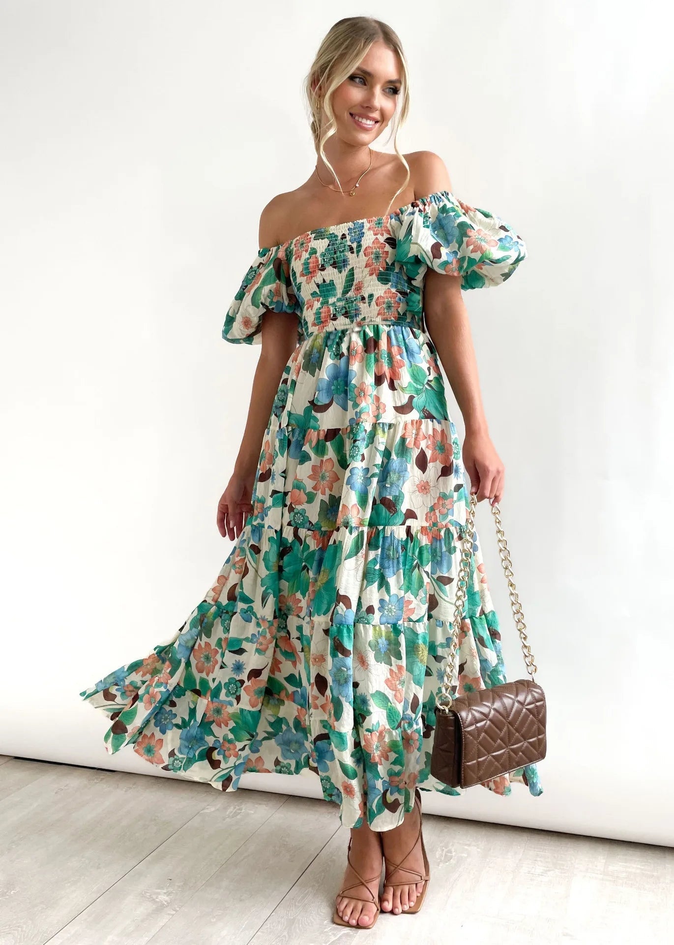Floral Smocked Off Shoulders Puff Sleeve Tiered Dress Trendsi