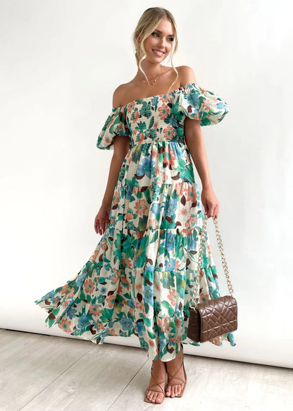Floral Smocked Off Shoulders Puff Sleeve Tiered Dress Trendsi