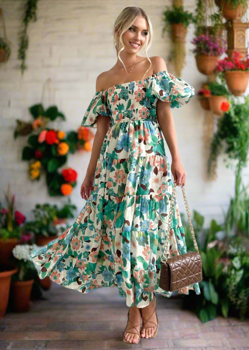 Floral Smocked Off Shoulders Puff Sleeve Tiered Dress Trendsi