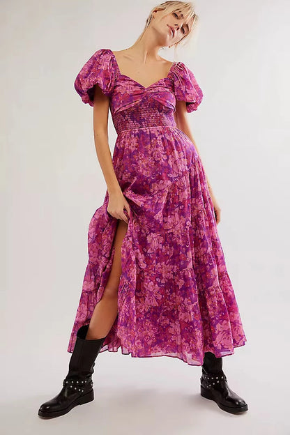 Printed Sweetheart Neck Puff Sleeve Maxi Dress Trendsi