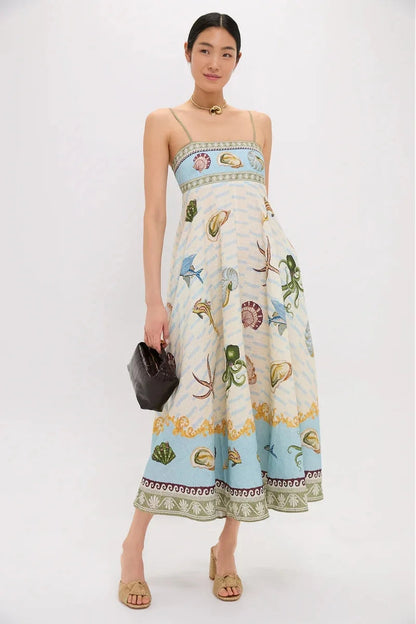 Ocean Print Spaghetti Strap Midi Dress - Plus Size Trendsi