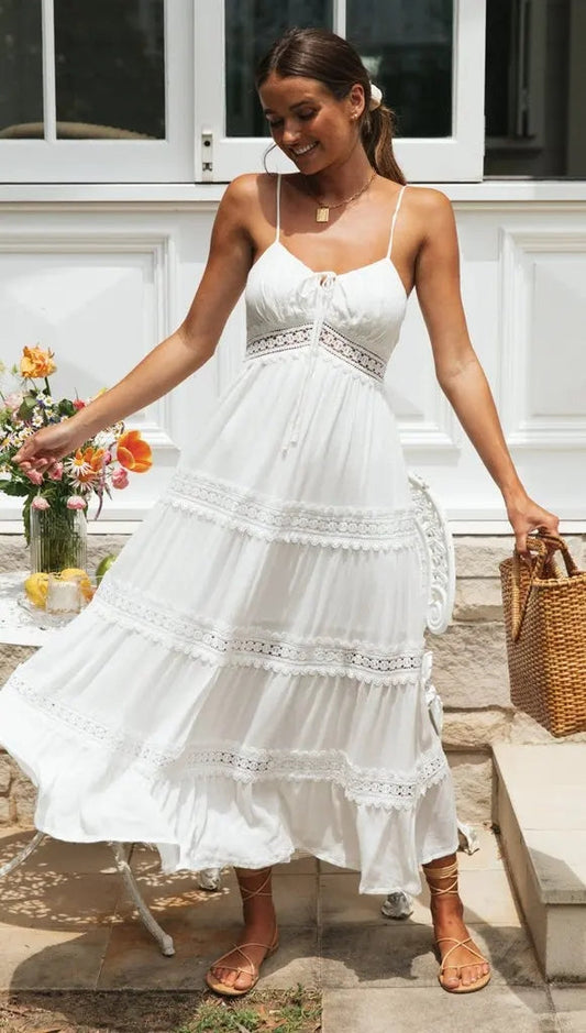 Lace Detail Smocked Midi Cami Dress Trendsi