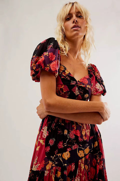 Printed Sweetheart Neck Puff Sleeve Maxi Dress Trendsi