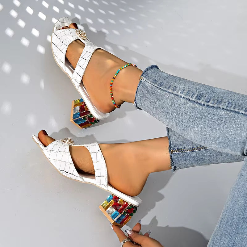 Open Toe Multicolor Block Heels Sandals