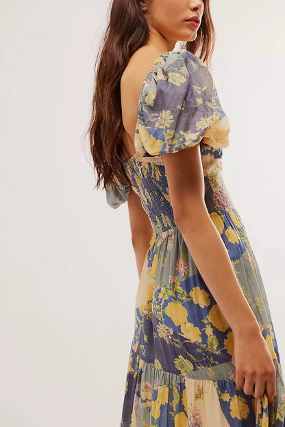 Printed Sweetheart Neck Puff Sleeve Maxi Dress Trendsi