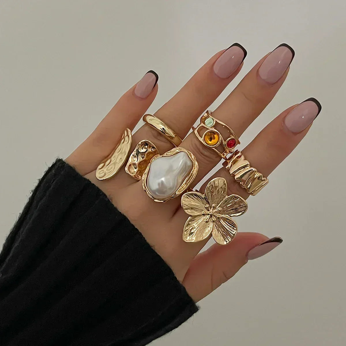 Oversized Metal Flower Open Rings - Baroque Imitation Pearl 6 pcs Rings Set