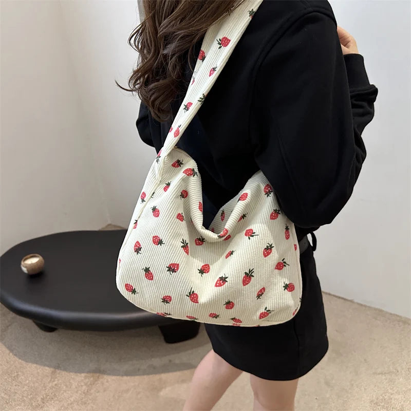 Strawberry Corduroy Tote Bag Hobo Purse