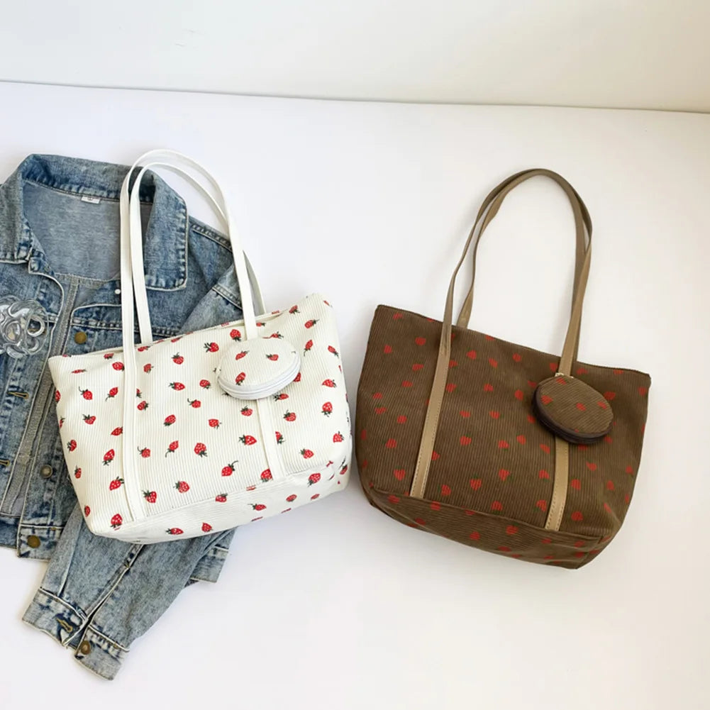 2 Piece Casual Strawberry Pouch and Tote Shoulder Bag