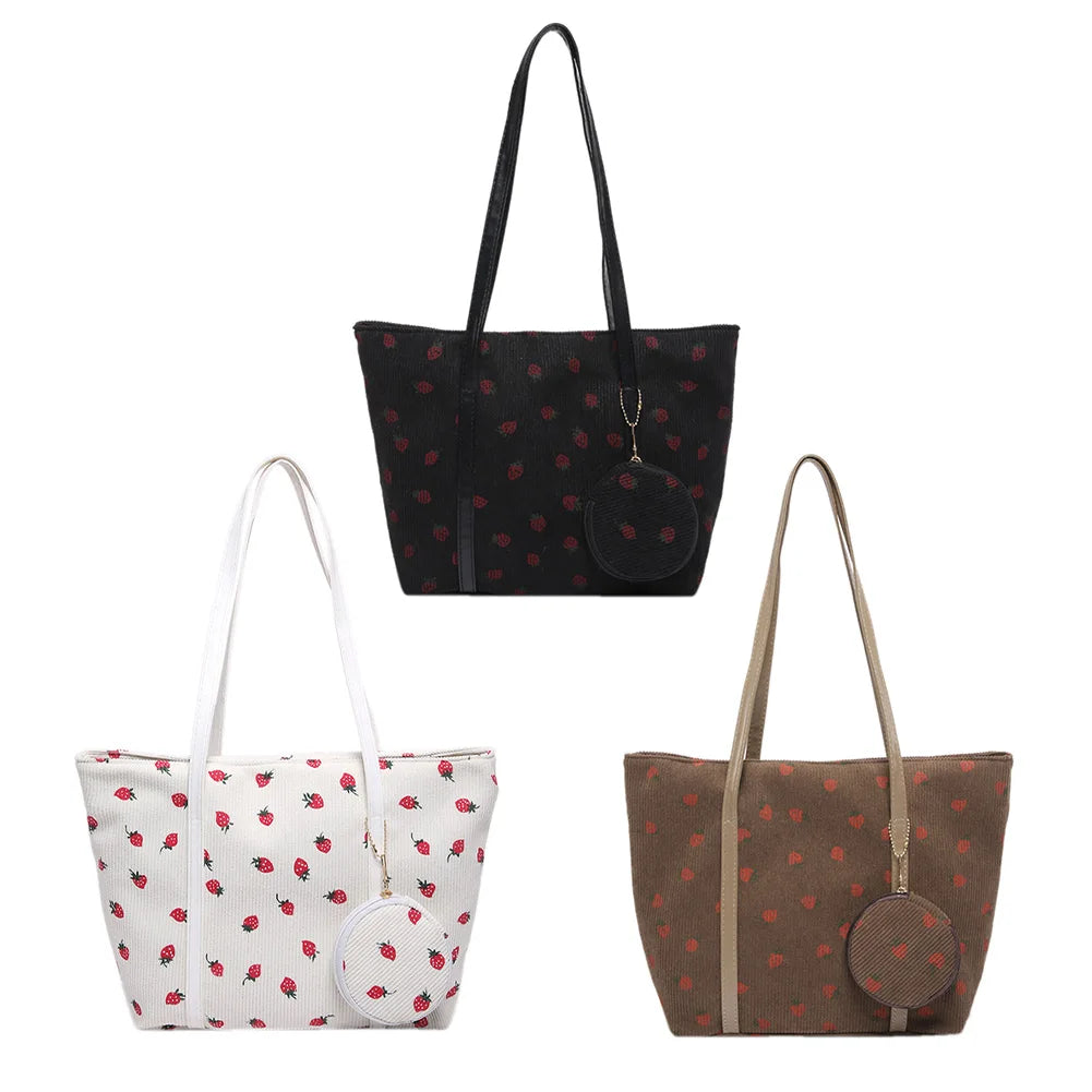 2 Piece Casual Strawberry Pouch and Tote Shoulder Bag