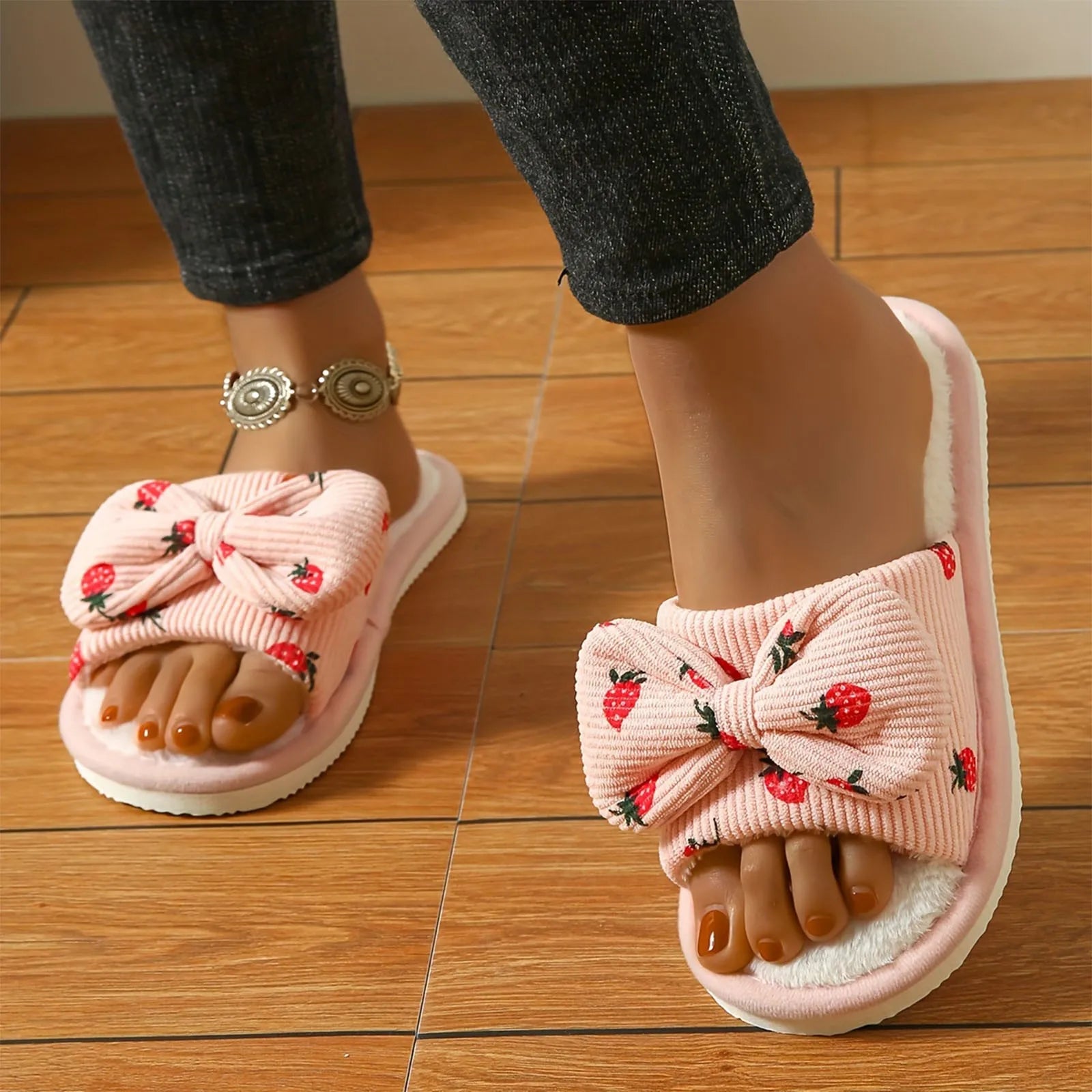 Strawberry Print Bow Cotton Plush Indoor Slippers