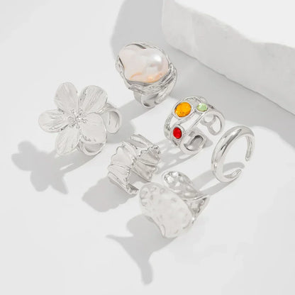 Oversized Metal Flower Open Rings - Baroque Imitation Pearl 6 pcs Rings Set