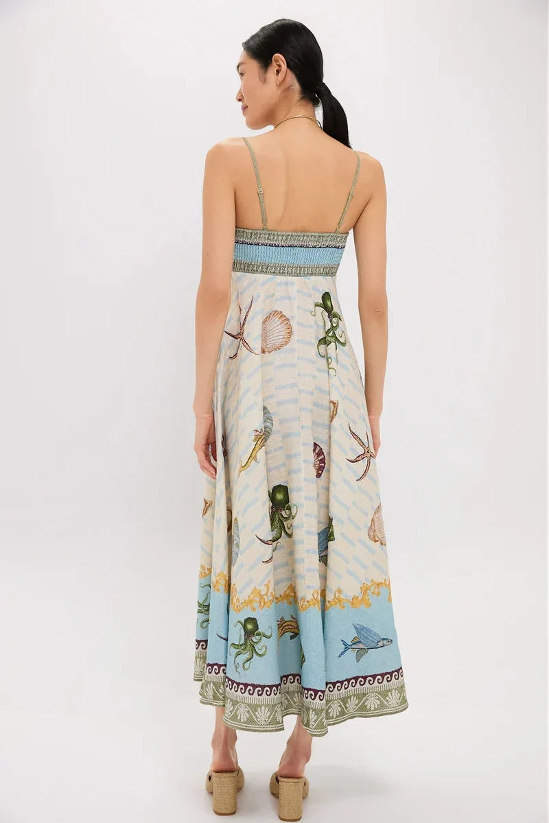 Ocean Print Spaghetti Strap Midi Dress - Plus Size Trendsi