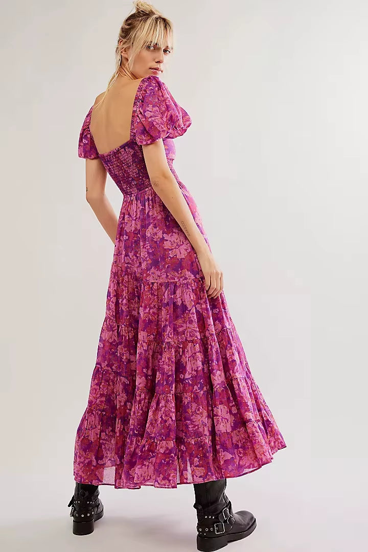 Printed Sweetheart Neck Puff Sleeve Maxi Dress Trendsi