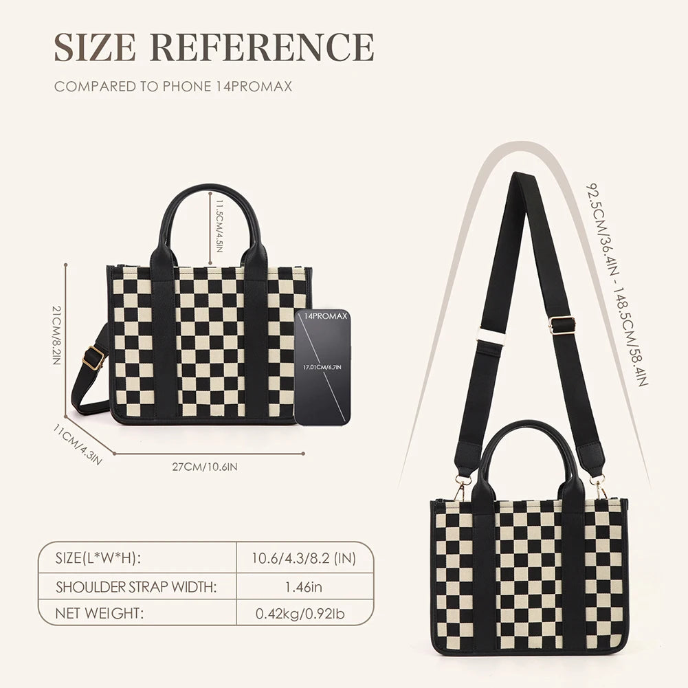 Women Canvas Checkered Tote Bag Large Capacity