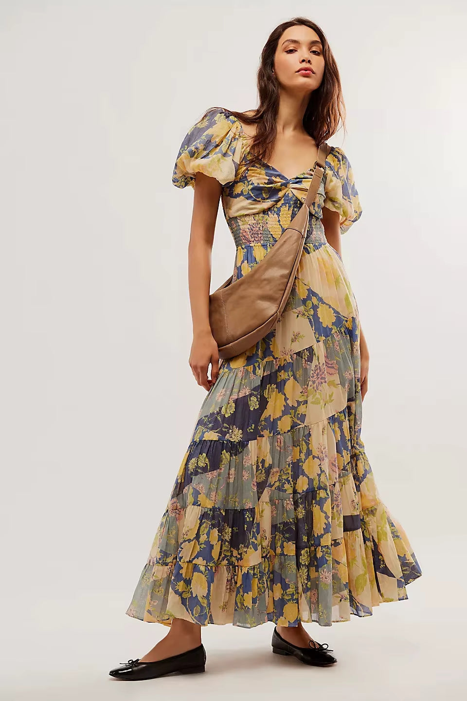 Printed Sweetheart Neck Puff Sleeve Maxi Dress Trendsi
