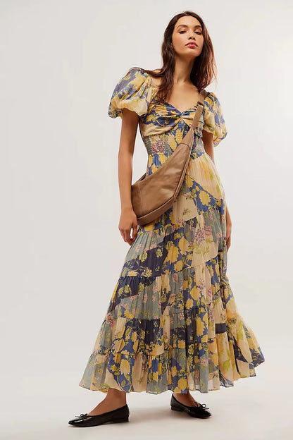 Printed Sweetheart Neck Puff Sleeve Maxi Dress Trendsi