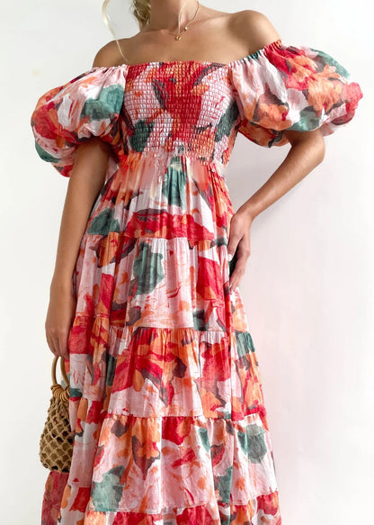Floral Smocked Off Shoulders Puff Sleeve Tiered Dress Trendsi