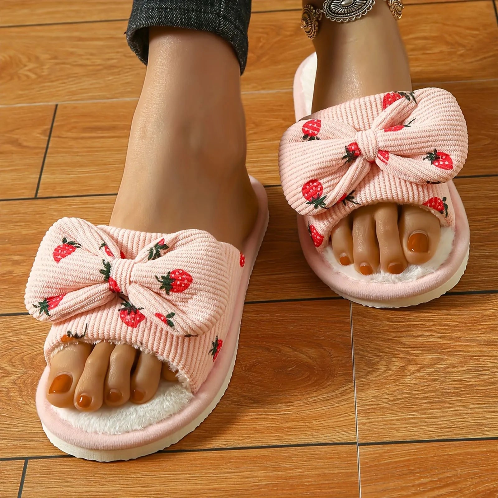 Strawberry Print Bow Cotton Plush Indoor Slippers