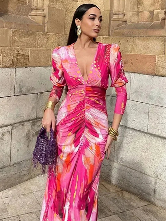 Ruched Front V-Neck Elegant Maxi Dress Plus Size Trendsi