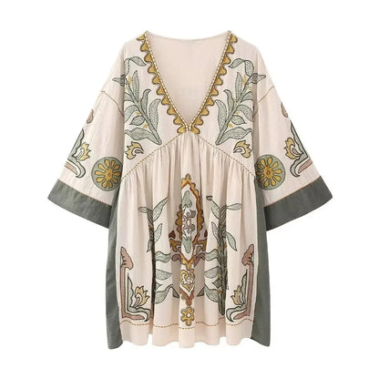 Printed V-Neck Kimono Sleeve Mini Dress Trendsi