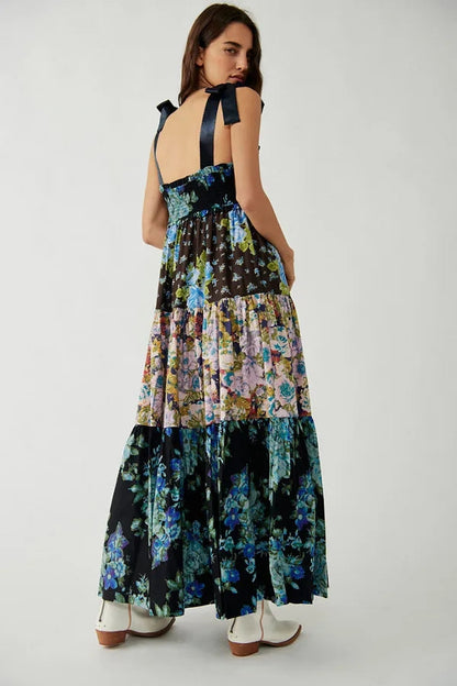 Floral Tiered Maxi Dress with Mixed Print Design Trendsi