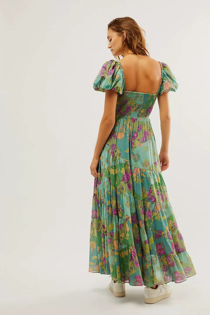 Printed Sweetheart Neck Puff Sleeve Maxi Dress Trendsi
