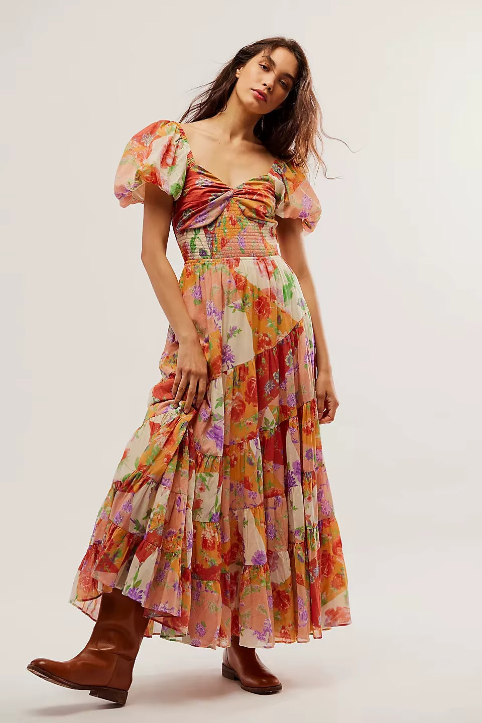 Printed Sweetheart Neck Puff Sleeve Maxi Dress Trendsi