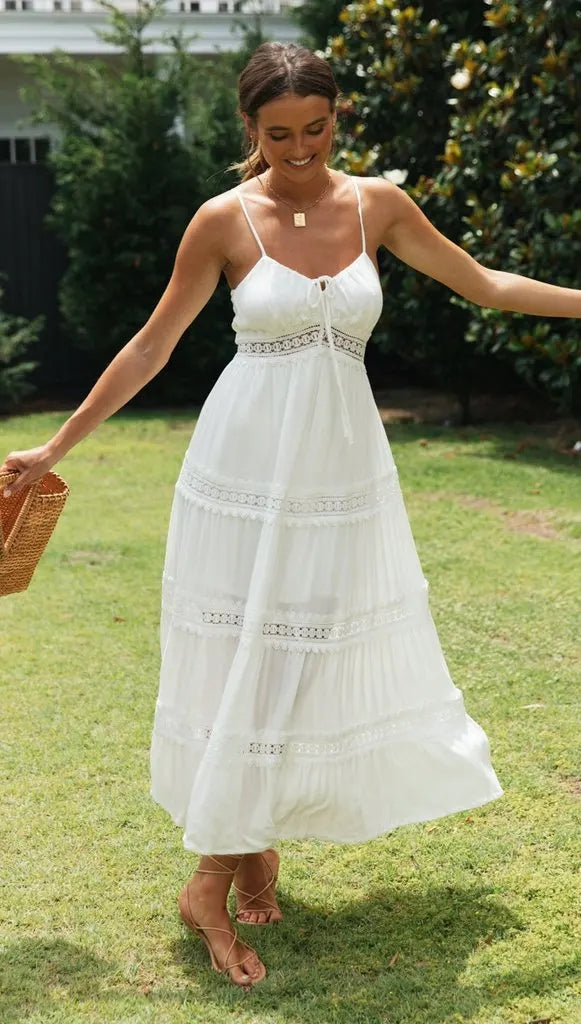 Lace Detail Smocked Midi Cami Dress Trendsi