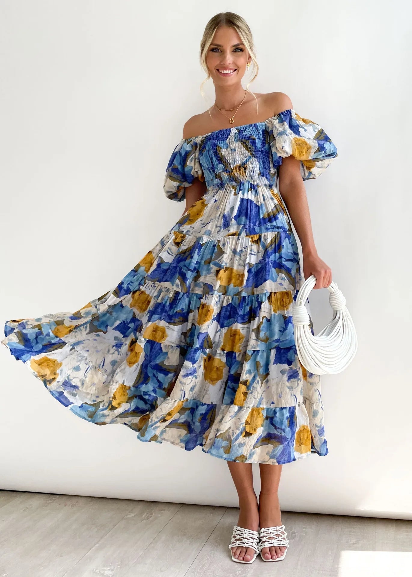 Floral Smocked Off Shoulders Puff Sleeve Tiered Dress Trendsi