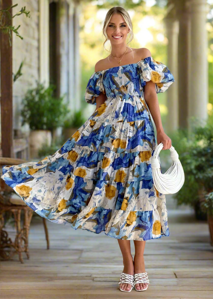 Floral Smocked Off Shoulders Puff Sleeve Tiered Dress Trendsi