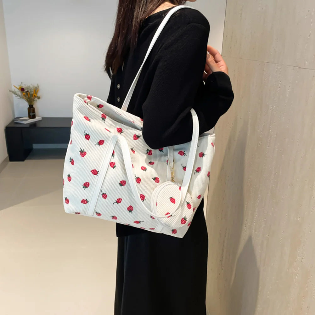 2 Piece Casual Strawberry Pouch and Tote Shoulder Bag