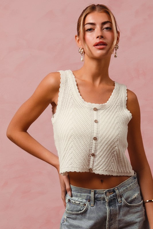 SO ME Chevron Pattern Buttoned Front Cropped Tank Top Trendsi