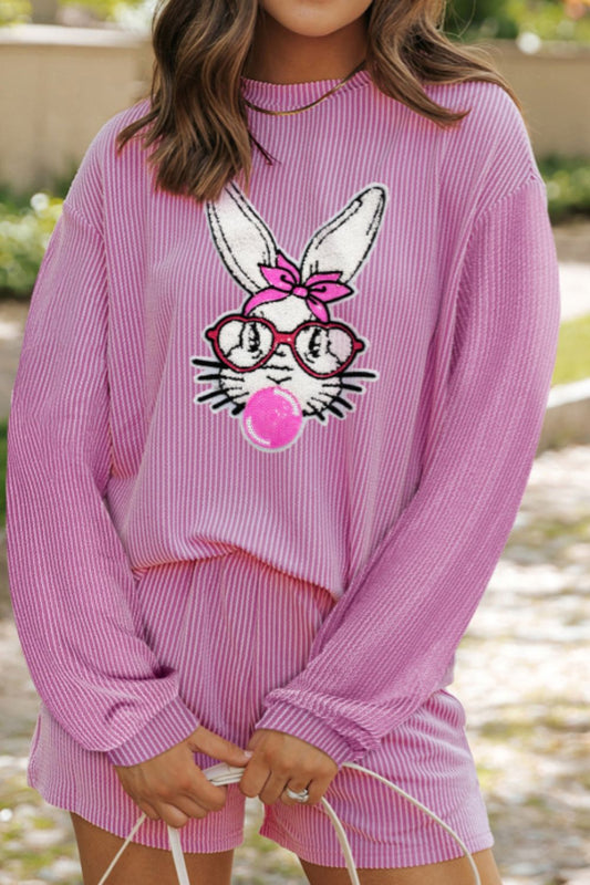 Bubble Gum Rabbit Sequin Corded Rib Top and Shorts Set Trendsi
