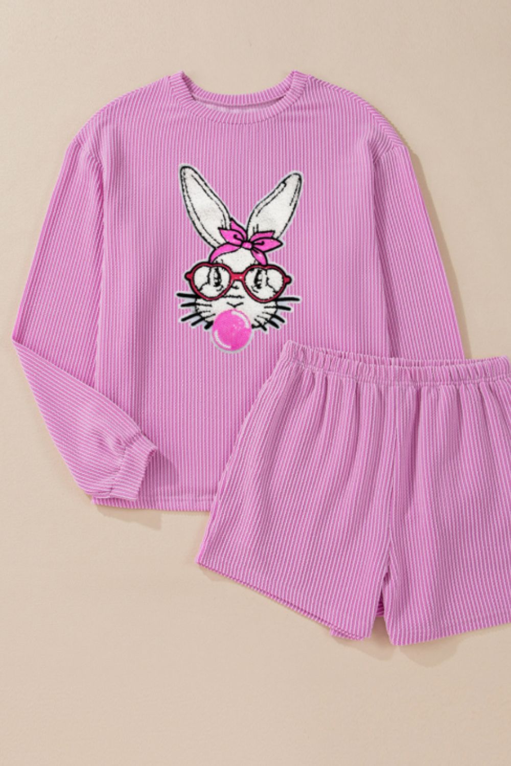 Bubble Gum Rabbit Sequin Corded Rib Top and Shorts Set Trendsi