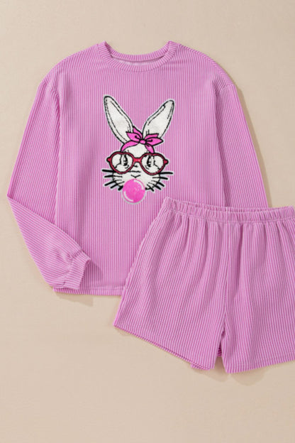 Bubble Gum Rabbit Sequin Corded Rib Top and Shorts Set Trendsi