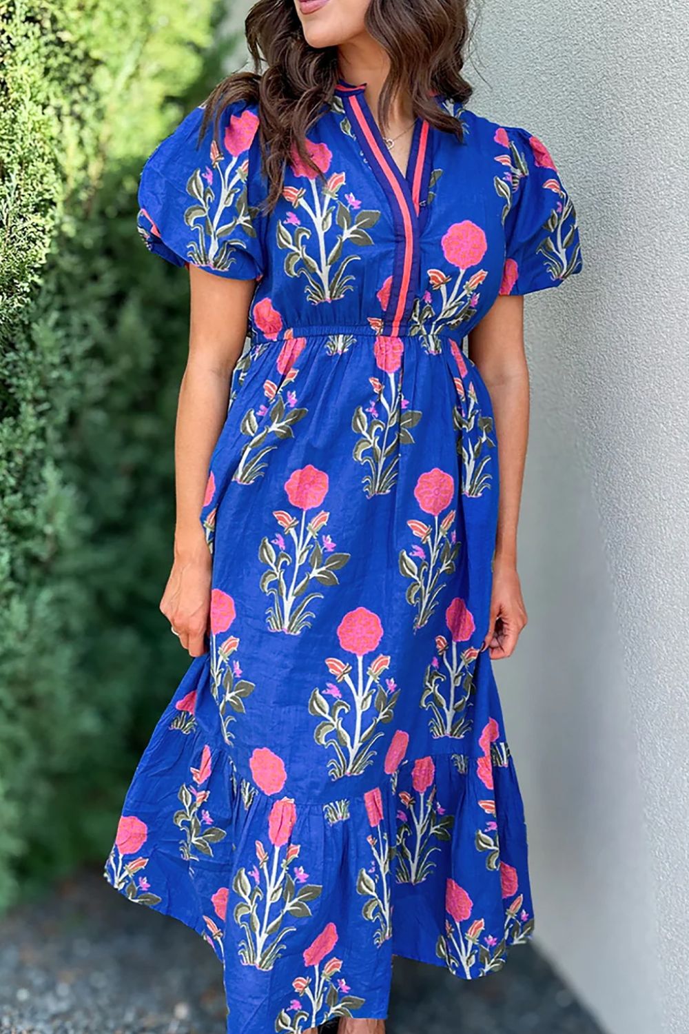 Floral Puff Short Sleeve High Waist Midi Dress Trendsi