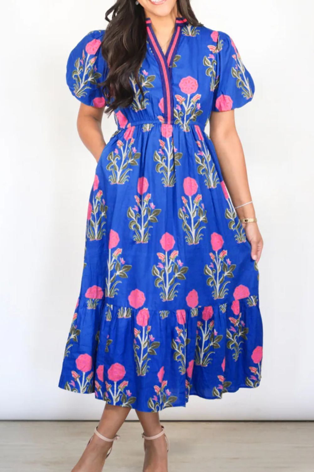 Floral Puff Short Sleeve High Waist Midi Dress Trendsi