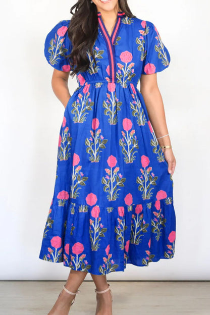 Floral Puff Short Sleeve High Waist Midi Dress Trendsi