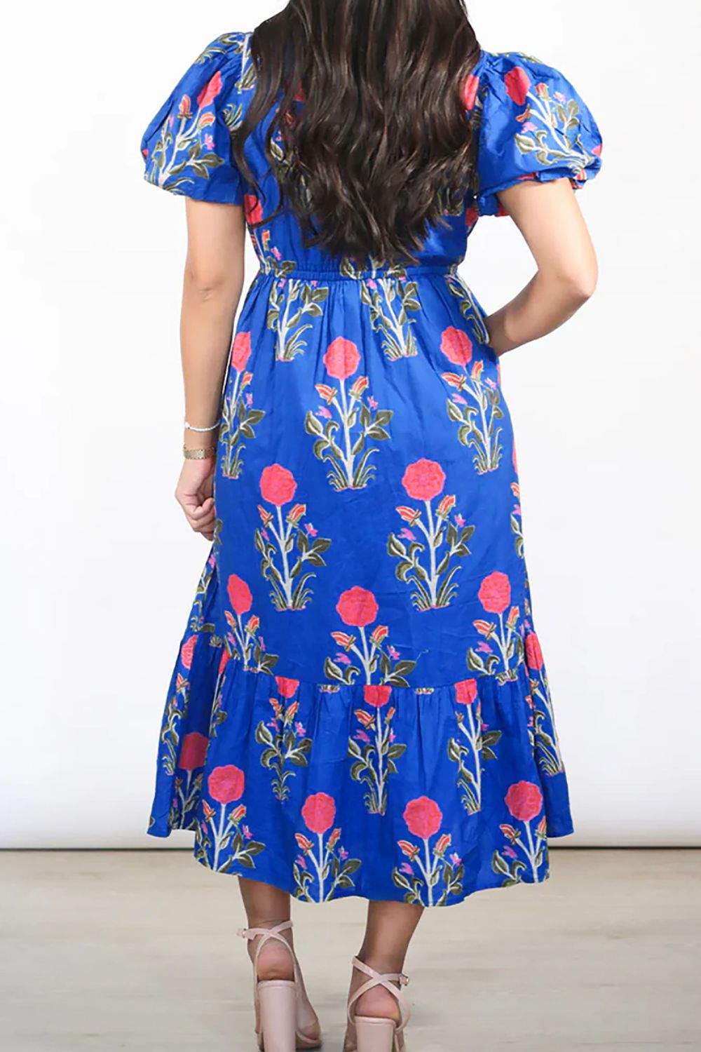 Floral Puff Short Sleeve High Waist Midi Dress Trendsi